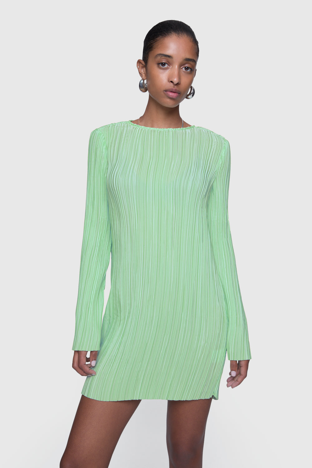 Iris Pleated Long Sleeve Mini Dress - Matcha / S Iris Pleated Long Sleeve Mini Dress - Matcha / S